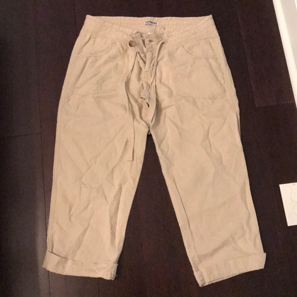 Khaki linen Express capris with cinch waist